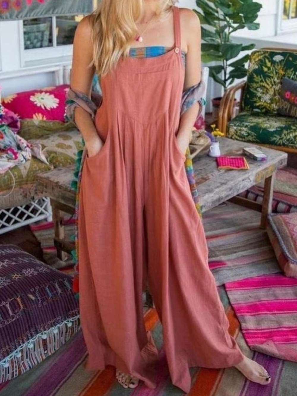 NATURAL LIFE Terracotta Wide-Leg Linen Jumpsuit